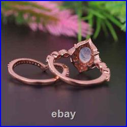 Oval Cut Moonstone Ring 14K Solid Rose Gold Ancient Design Victorian Jewelry Set