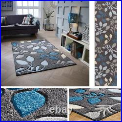 Portland Grey Teal Blue Floral Textured Design Hand-carved ALL SIZES Rugs Runner