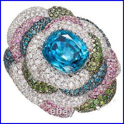 Premium Multi Color Lab-Created Gemstones & Diamonds Flower Design Women's Ring