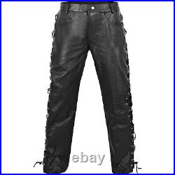 Real Leather Cowhide Motorbike Motorcycle Biker Jeans Trouser Pants Side Laces