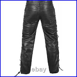 Real Leather Cowhide Motorbike Motorcycle Biker Jeans Trouser Pants Side Laces