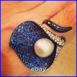 Ring 925 Sterling Silver Blue & White CZ & Pearl Leaf Design Highend Party wear