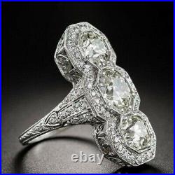 Ring Art Deco Style Three Round Sim Diamond 925 Sterling Silver Filigree Design