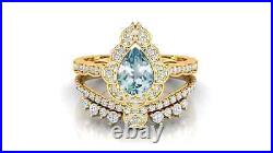 Rose Gold Solid 14K Blue Aquamarine Ring For Her Moissanite Studded Pear Design