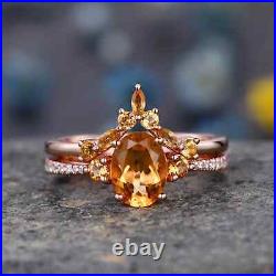 Rose Gold Solid 14K Citrine Ring For Women Moissanite Studded Modern Design Set
