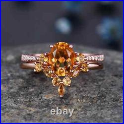 Rose Gold Solid 14K Orange Citrine Ring For Women Moissanite Studded Oval Design