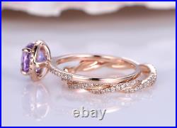 Rose Gold Solid 14K Purple Amethyst Ring For Women Moissanite Studded Design Set