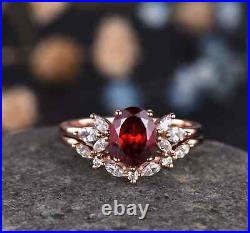 Rose Gold Solid 14K Red Garnet Ring For Women Moissanite Studded Band Design Set