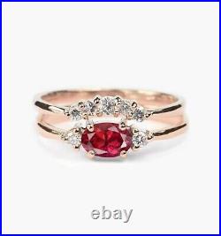 Rose Gold Solid 14K Ruby Ring For Women Moissanite Studded Band Vintage Design