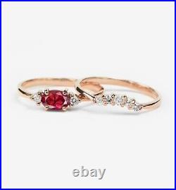Rose Gold Solid 14K Ruby Ring For Women Moissanite Studded Band Vintage Design