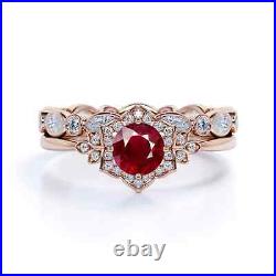 Round Cut 14K Rose Gold Ruby Ring For Her Moissanite Studded Jewelry Design Set