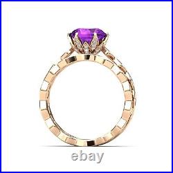 Round Cut Amethyst February Gemstone 14K Rose Gold Modern Design Ring Set