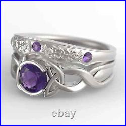 Round Cut Purple Amethyst Ring For Women Art Deco Design 925 Sterling Silver Set