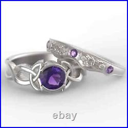 Round Cut Purple Amethyst Ring For Women Art Deco Design 925 Sterling Silver Set
