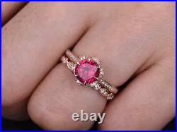 Round Shape 14K Yellow Gold Ruby Ring For Her Moissanite Studded Vintage Design