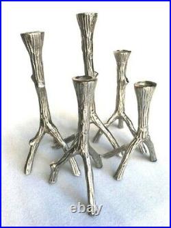 Rustic Lodge Country Set of 5 Candlesticks Twig Branch Design Shiny Silver