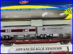 SOO LINE 85 ft ALL PURPOSE TOFC FLAT CAR with 2 TRAILERS SOO / GN HO Scale NEW RTR