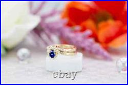 Sapphire Ring For Her Moissanite Studded Victorian Design 14K Yellow Gold Solid