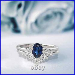 Sapphire Ring For Women Moissanite Studded Vintage Design 14K White Gold Solid