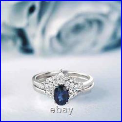 Sapphire Ring For Women Moissanite Studded Vintage Design 14K White Gold Solid