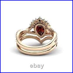 Solid 14K Yellow Gold/Rose Gold Pear Garnet Ring Set For Women Handmade Design
