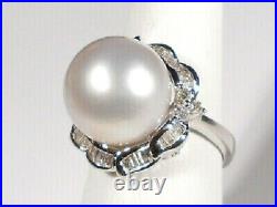 Solid 925 Sterling Silver Round Pearl & White CZ Flower Design Ring Gift her