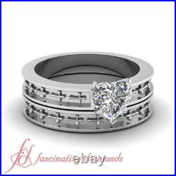 Solitaire Cross Design Bridal Rings Set 0.55 Ct Heart Shaped FLAWLESS Diamond