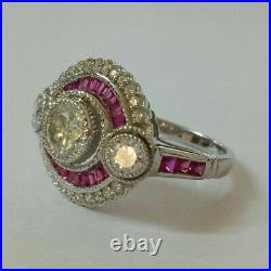Vintage Inspired All Moissanite & Ruby Diamond Art Deco Design Engagement Ring