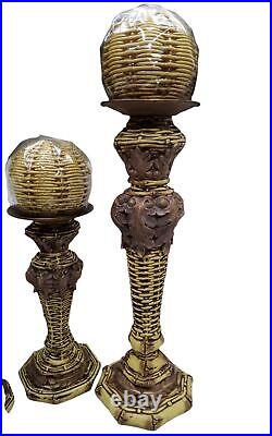 Vintage nos set of 3 1980's resin and brass bamboo design pillar candle stands w