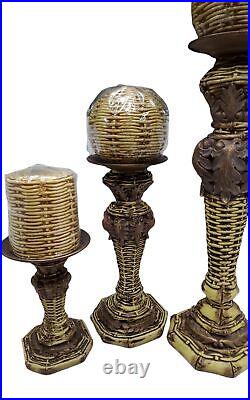 Vintage nos set of 3 1980's resin and brass bamboo design pillar candle stands w