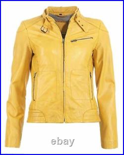 Women's Yellow Leather Jacket Coat Biker Motorcycle Real Lambskin Leather Jacket